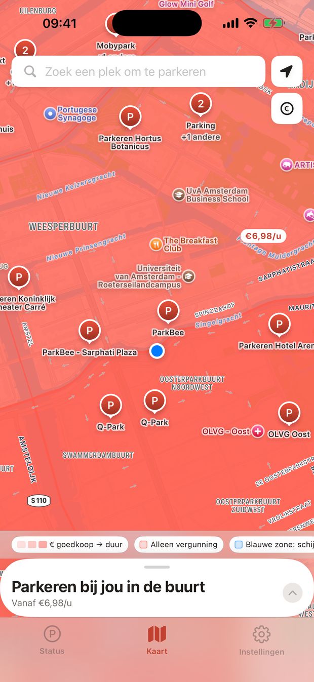 Kaart van ParkWijs met het centrum van Amsterdam: betaalde gebieden gekleurd naar prijs, van goedkoop naar duur, met parkeergarages als punten en onderaan Parkeren bij jou in de buurt.