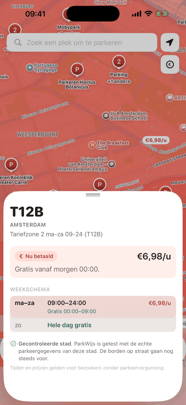 Zonekaart van ParkWijs voor de Amsterdamse zone T12B: nu betaald, €6,98 per uur, gratis vanaf morgen 00:00. Weekschema: maandag tot en met zaterdag betaald van 09:00 tot 24:00, zondag de hele dag gratis.