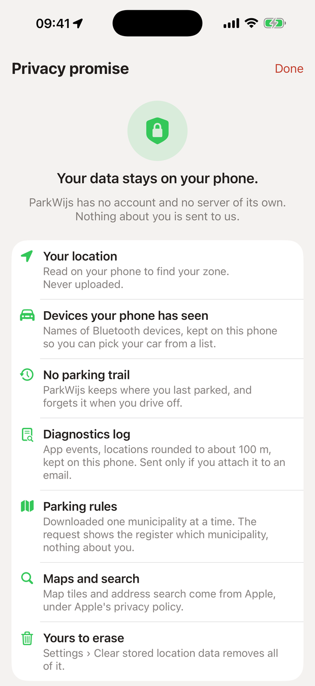 ParkWijs privacy sheet: your data stays on your phone, no account and no server, with what is kept on the phone and what is downloaded.