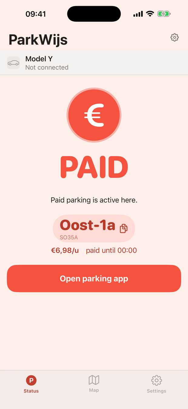 ParkWijs status screen showing PAID in Amsterdam zone Oost-1a at €6,98 per hour, paid until 00:00, with an Open parking app button.