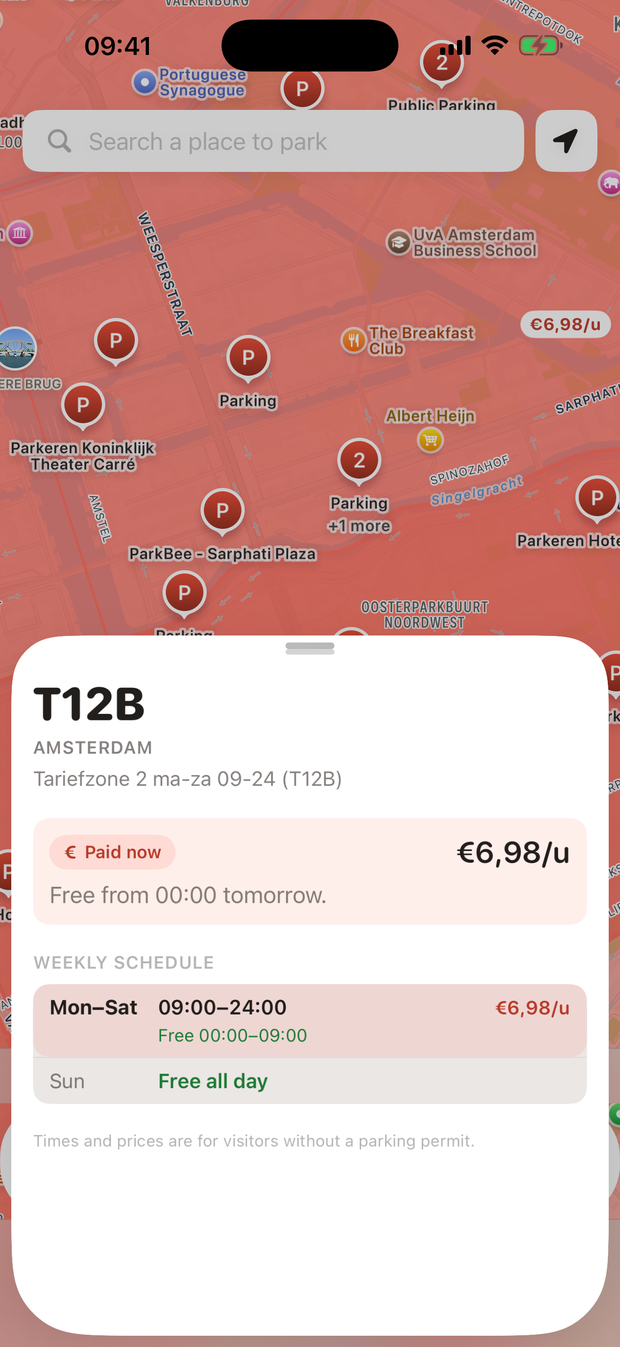 ParkWijs zone sheet for Amsterdam zone T12B: paid now at €6,98 per hour, free from 00:00, paid Monday to Saturday 09:00 to 24:00, free all day Sunday.